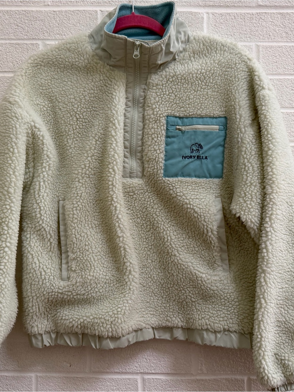 Sea foam green Ivory Ella Sherpa Half-Zip Hoodie with Teal Pocket